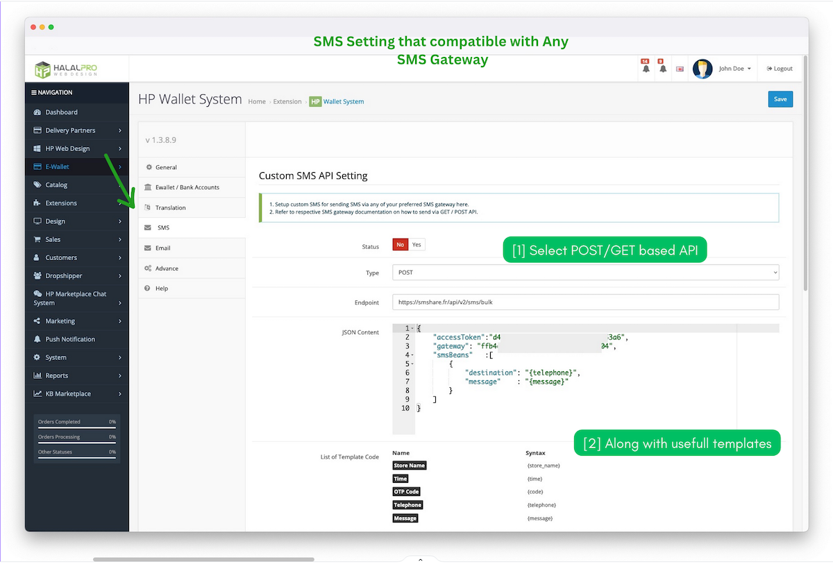 sms API setting that compatible with any sms gateway for opencart wallet system 2